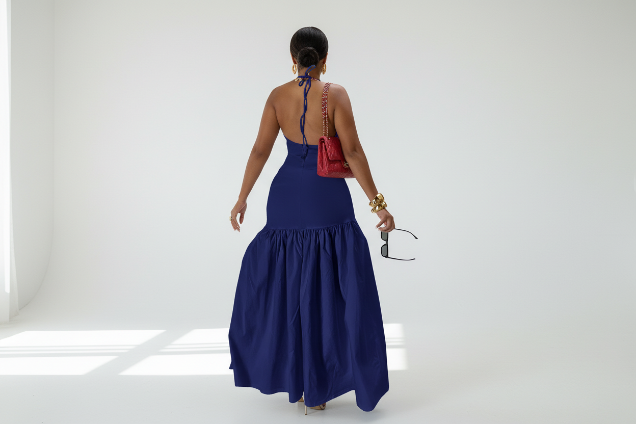 Navy Maxi Wrap Skirt & V Neck Halter