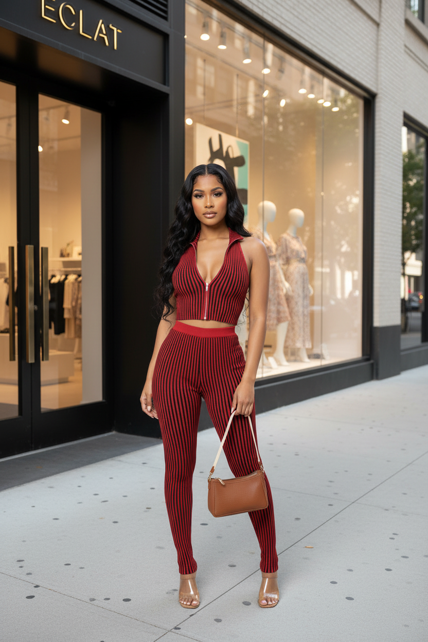 Red Ribbed Pants & Crop Top